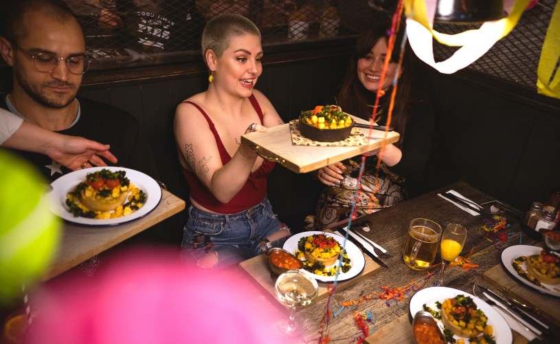 People eating bottomless brunch at Pieminister